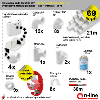Inštalačný komplet centrálneho vysávania - zásuvka (4 ks), rezák potrubia (1 ks), potrubie (21 m), potrubné diely (69 dielov).